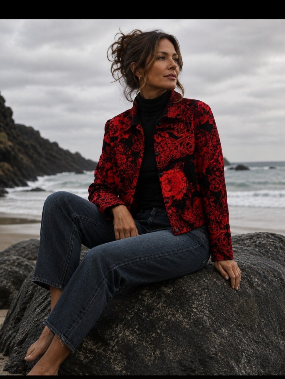 R&M Richards Black & Red Floral Blazer Jacket